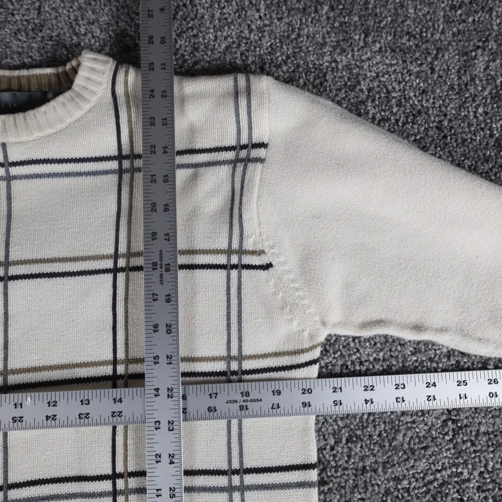 Oscar de la Renta Mens Large Plaid Crewneck Sweater Cream Cotton Knit Pullover